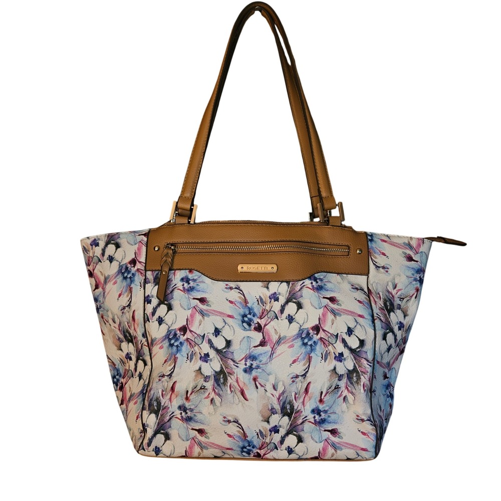 Rosetti Floral Tote Bag White Blue Pink Faux Leather Shoulder Purse Gold HWARE